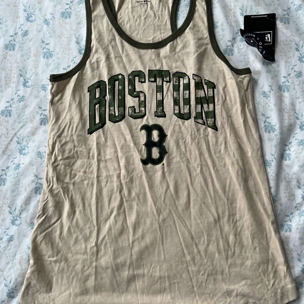 New Era Beige Tank Top with Green Trim and Boston Graphic